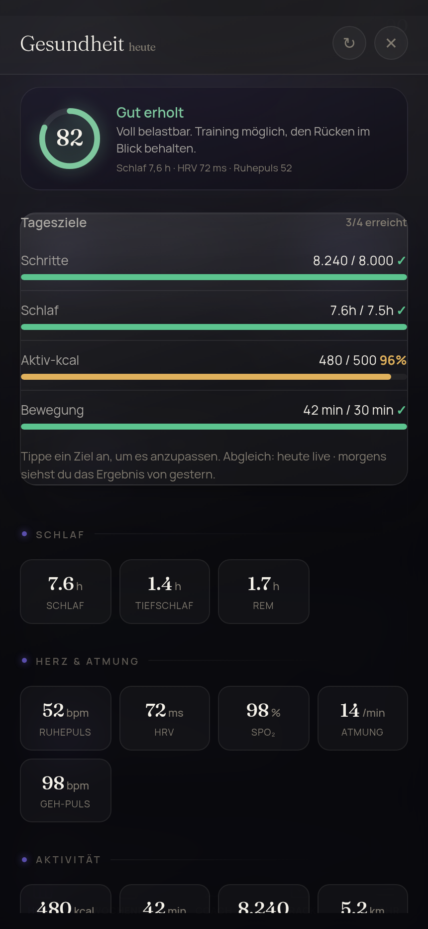Ankaa health hub: recovery score, sleep, HRV and resting heart rate from your Apple Watch, with a 7-day trend and back-pain trend.