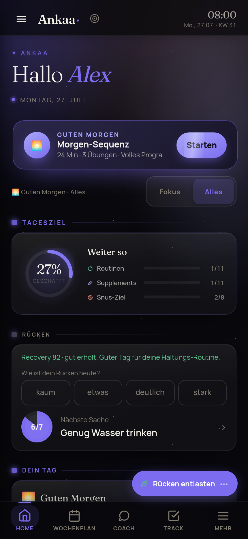 Ankaa App · Home mit Tagesziel und Recovery